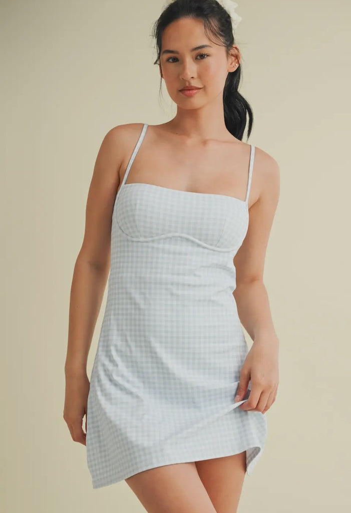 Gingham Print Active Dress from Sophie May Boutique, stylish mini dress with built-in bra and adjustable straps.