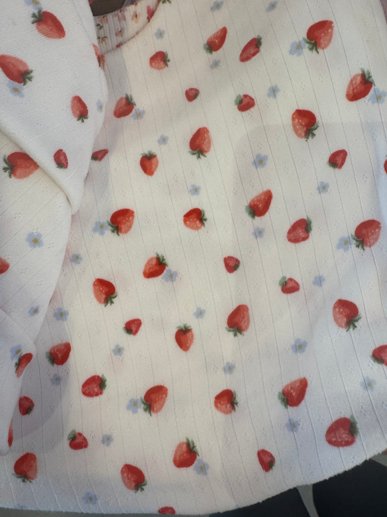 The Picnic Halter top featuring strawberry print, part of Sophie May Boutique's Strawberry Skies collection.