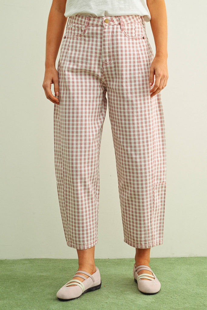 Mini Checker Print Barrel Pants