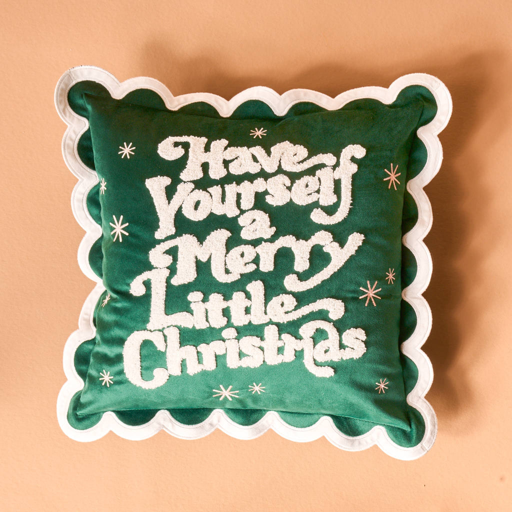 Scalloped Square Throw Pillow-Merry Little Christmas in green velvet with festive embroidery for home decor.