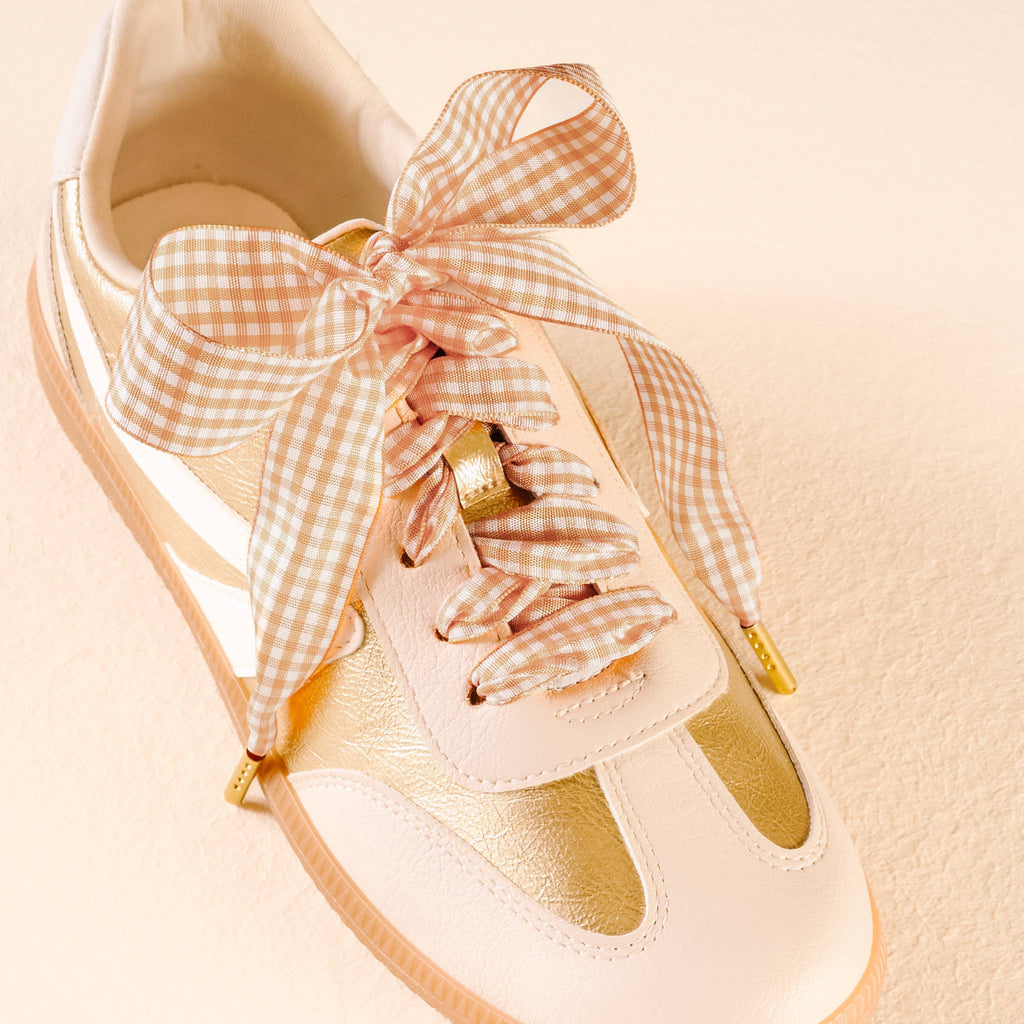 Step It Up Shoelaces-Gingham Tan tied on stylish sneakers, enhancing women's clothing and young contemporary apparel.