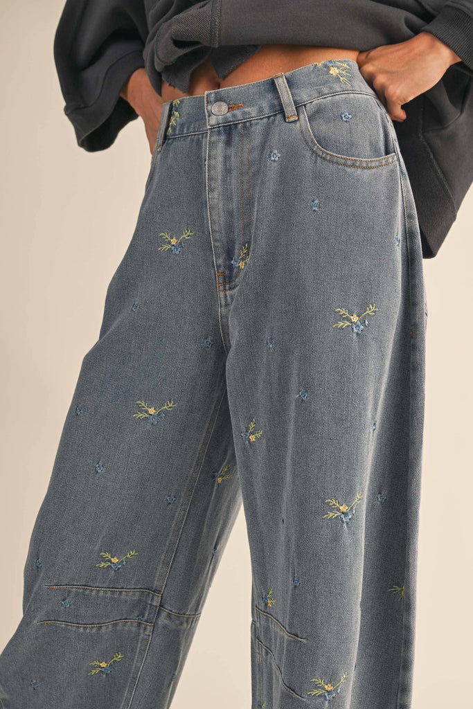 Floral Embroidered Denim Pants