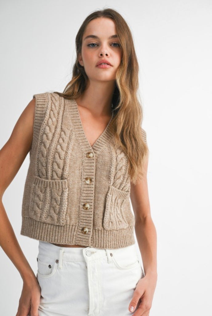Cable Knit Button Down Sweater Vest