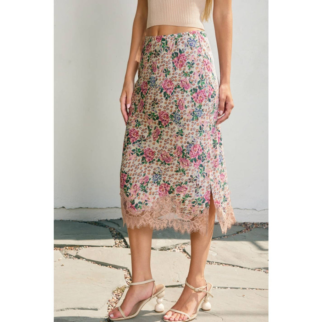 Soft Bouquet Lace Hem Pencil Skirt