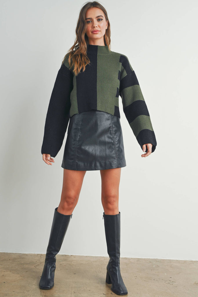 Color Block Mock Turtleneck Sweater
