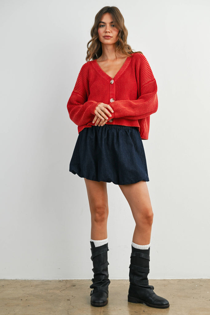 V-Neck Buttoned Ribbed Long Sleeve Cardigan