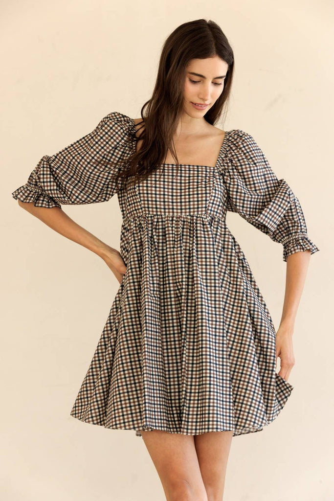 Gingham Puff Sleeve Babydoll Dress