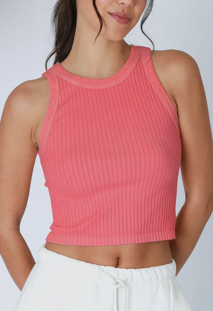 Vintage Wide Ribbed Tank Top in coral from Sophie May Boutique, perfect for summer styles and trendy women's fashion.