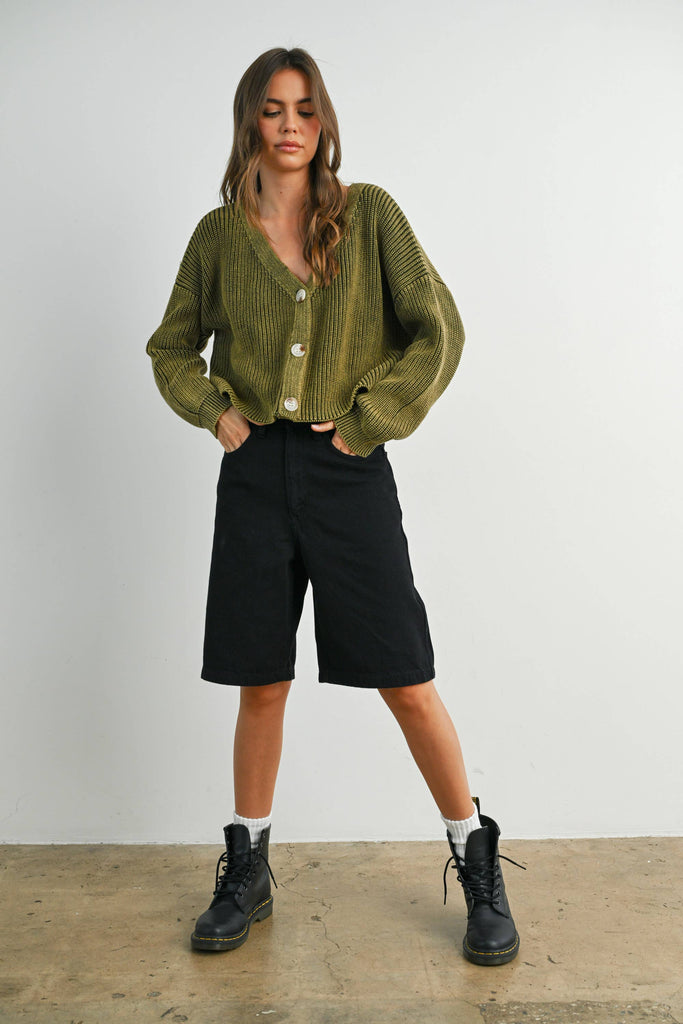 V-Neck Buttoned Ribbed Long Sleeve Cardigan