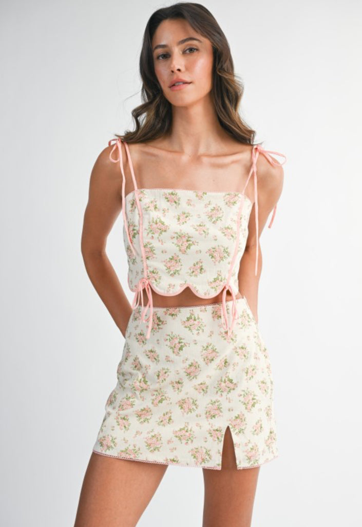 Emily Floral Top/Skirt Set from Sophie May Boutique, perfect for summer with flirty design and pastel hues.