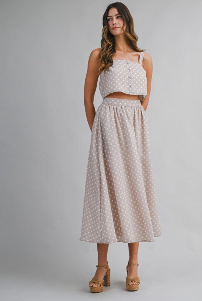 Polka Dot Sleeveless Crop Top And Midi Skirt Set