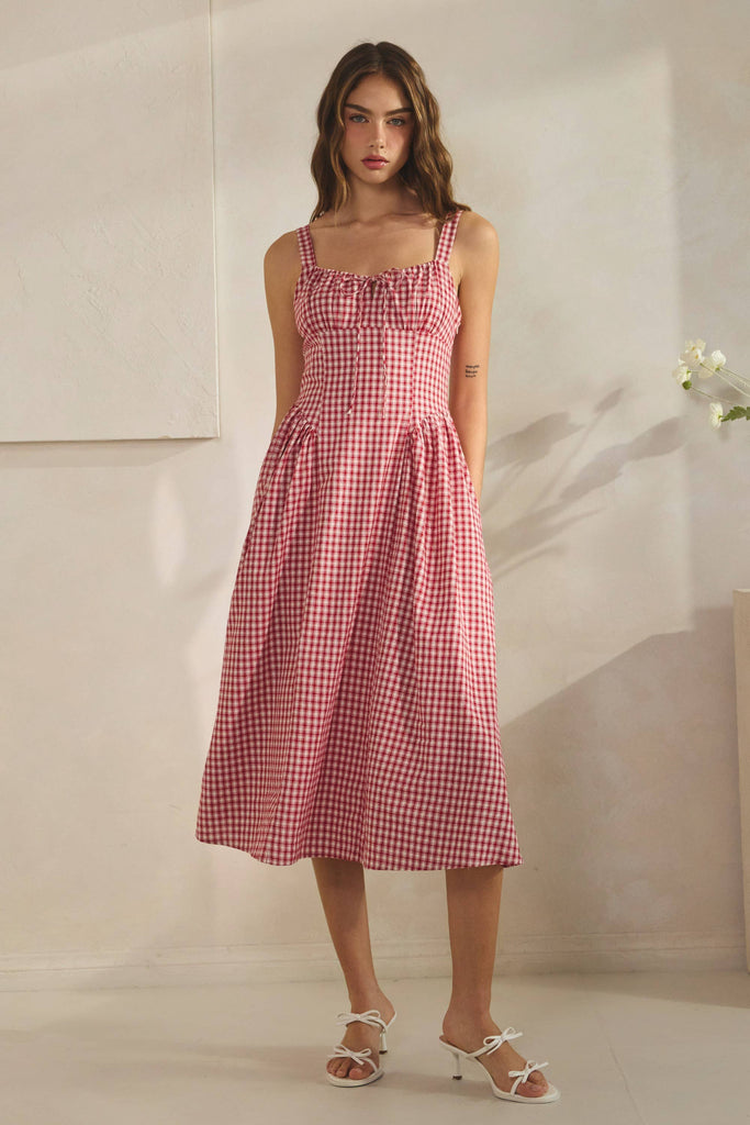 Vivian Check Tie Front Midi Dress