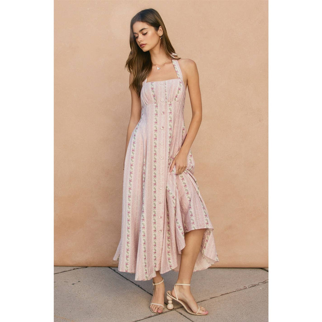 Striped Romance Halter Neck Midi Dress