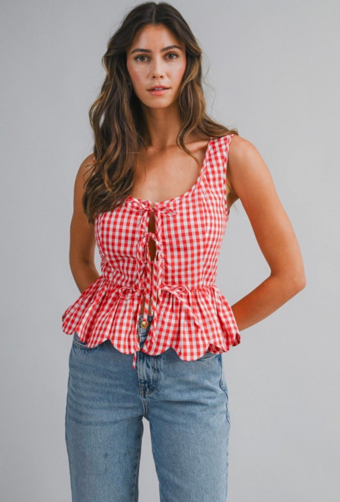 Gingham Plaid Sleeveless Front Tie Top