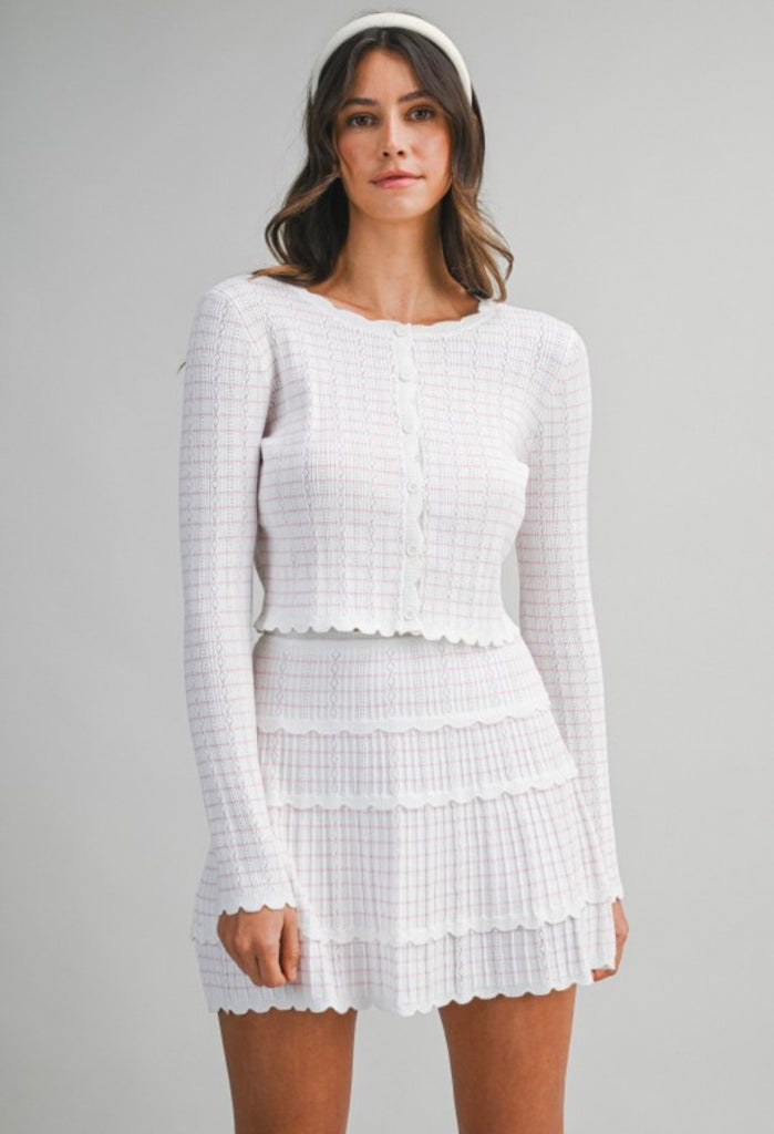 Stripe Pointelle Cardigan And Mini Skirt Set