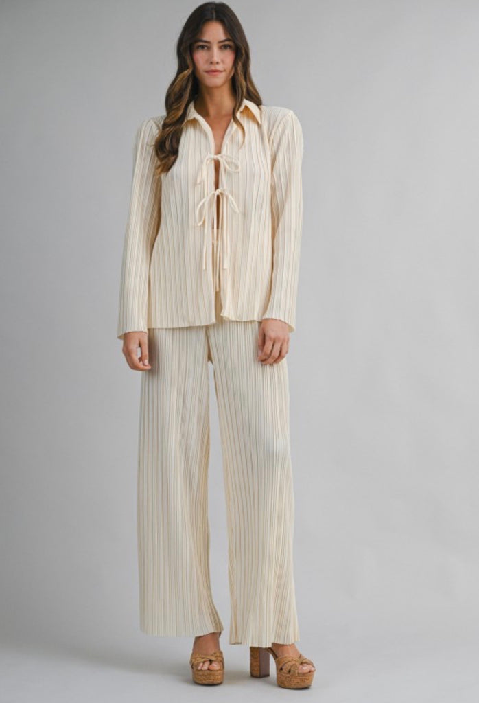 Pleated Long Sleeve Self Tie Top And Pants Set