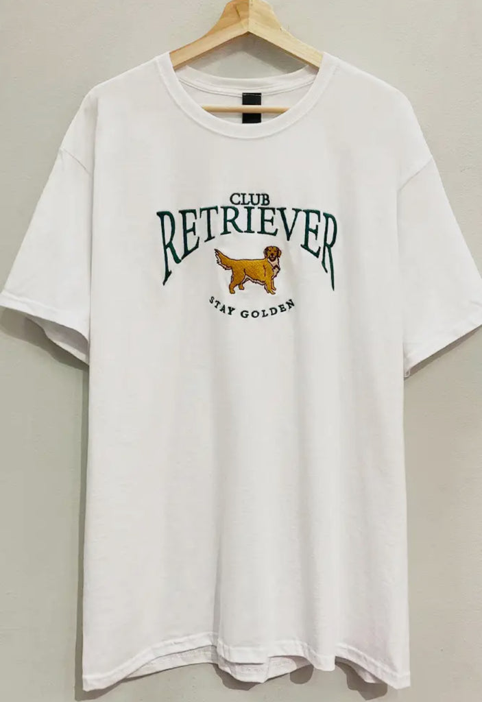 Club Retriever Embroidered Tee from Sophie May Boutique, oversized fit graphic tee for dog lovers in Gilbert AZ.
