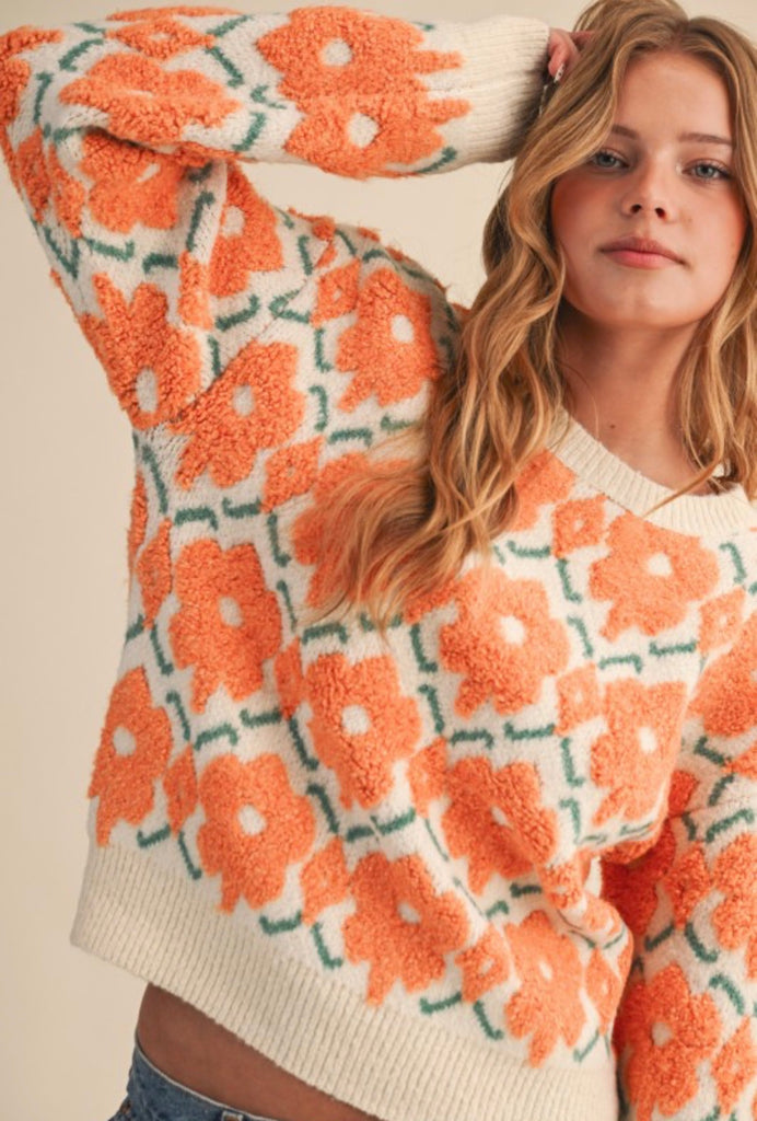 Fuzzy Textured Floral Sweater