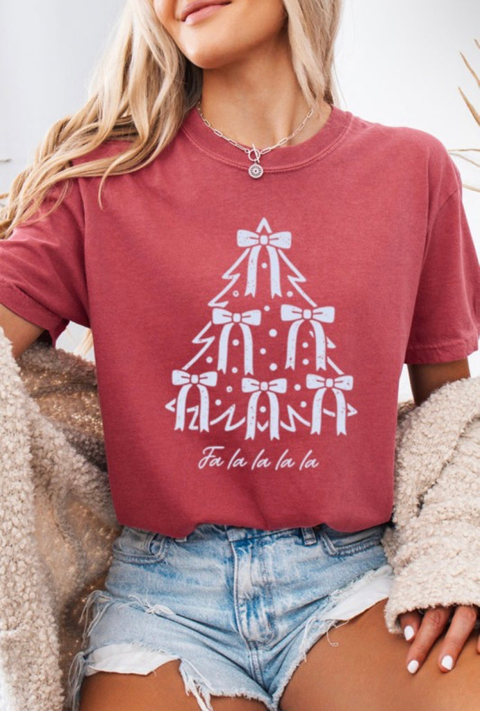 Fa La La Bow Tee featuring a festive Christmas tree design in a soft, relaxed fit, ideal for cozy holiday gatherings.