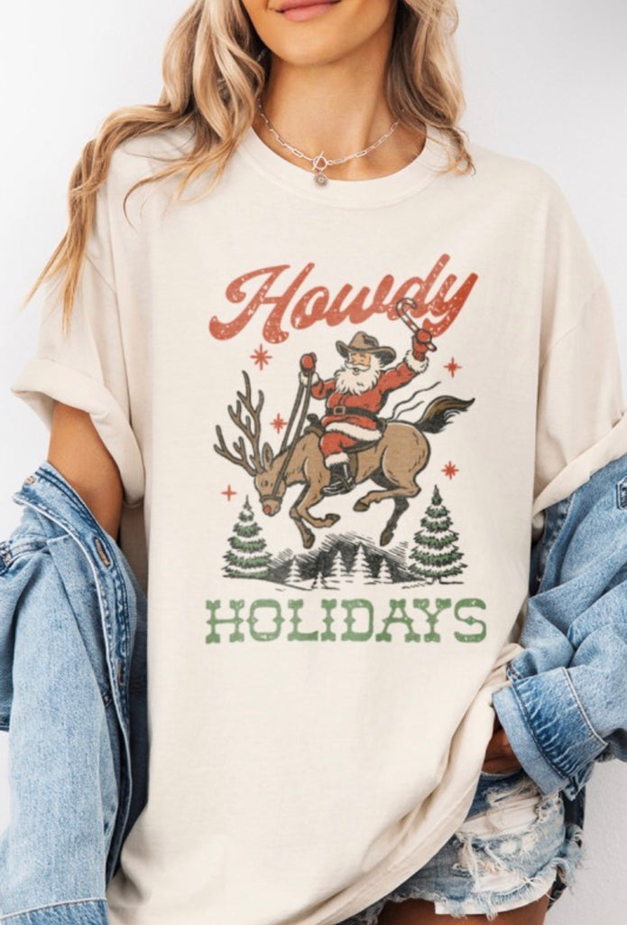 Howdy Holidays Tee featuring vintage Santa on reindeer, perfect for women's clothing from online women’s boutique.