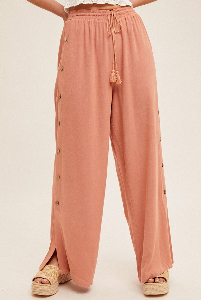 Buttoned Wide Leg Linen Pants