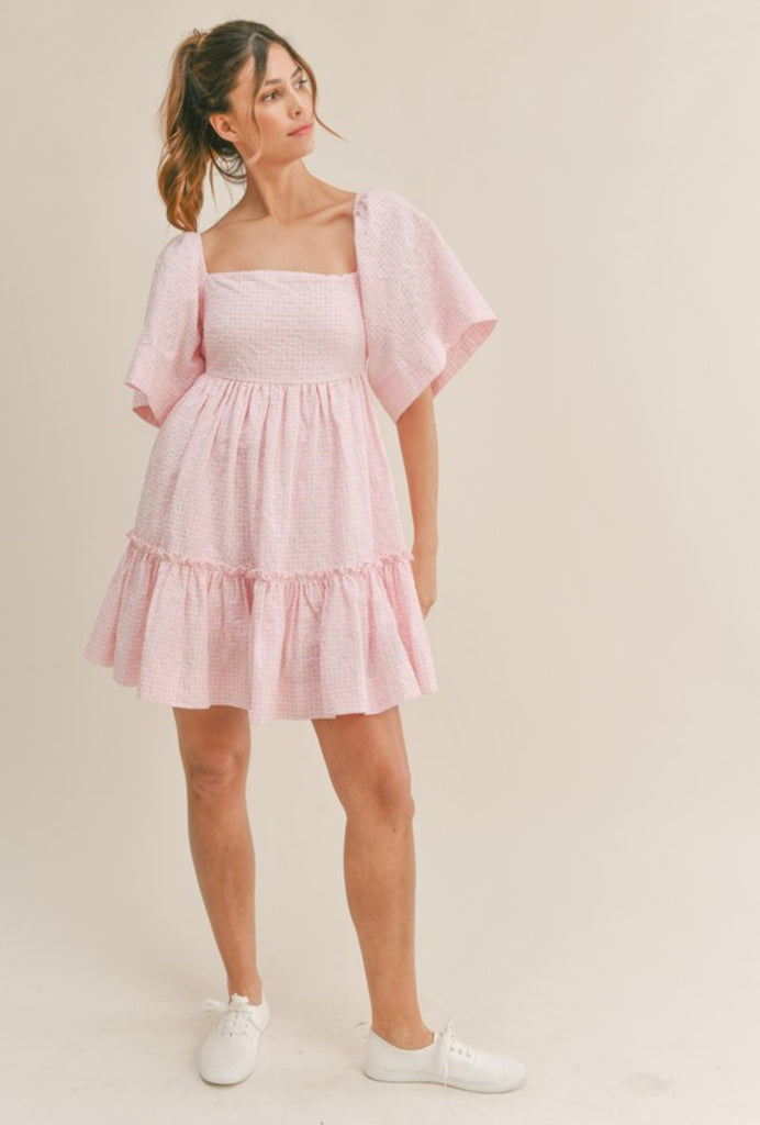 Sophie May Boutique plaid checkered floral mini dress, stylish flutter sleeves, perfect for summer occasions.