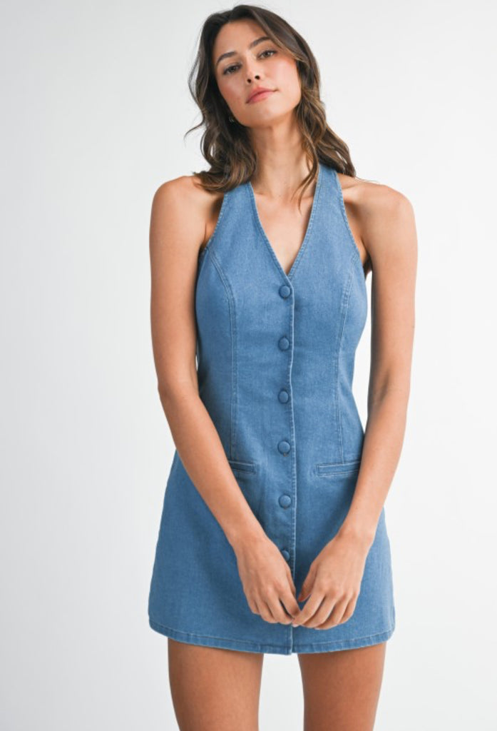 Sophie May Boutique Denim Halter Mini Dress from Strawberry Skies collection, perfect summer dress for flirty outfits.