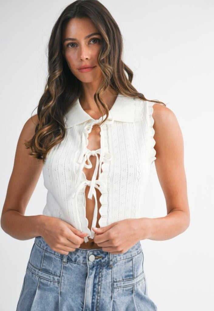 Pointelle Collar Crop Knit Vest from Sophie May Boutique, perfect for summer fashion and versatile styling.