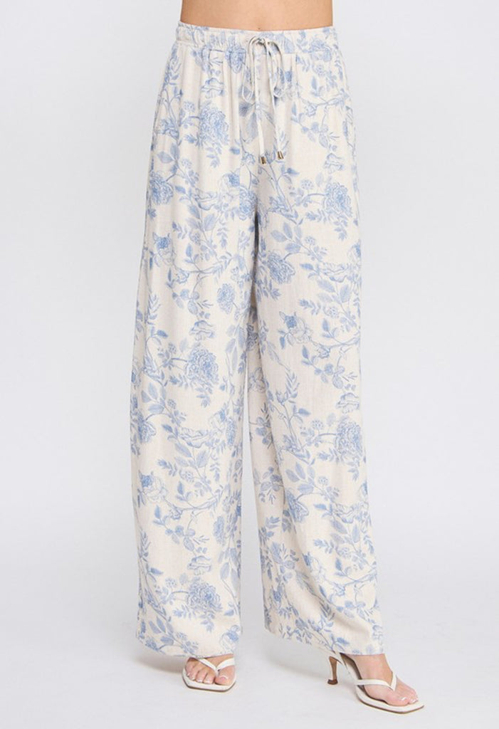 Blue Blossom Linen Pants from Sophie May Boutique, elastic waist, wide leg, perfect for summer wear, part of Strawberry Skies collection.