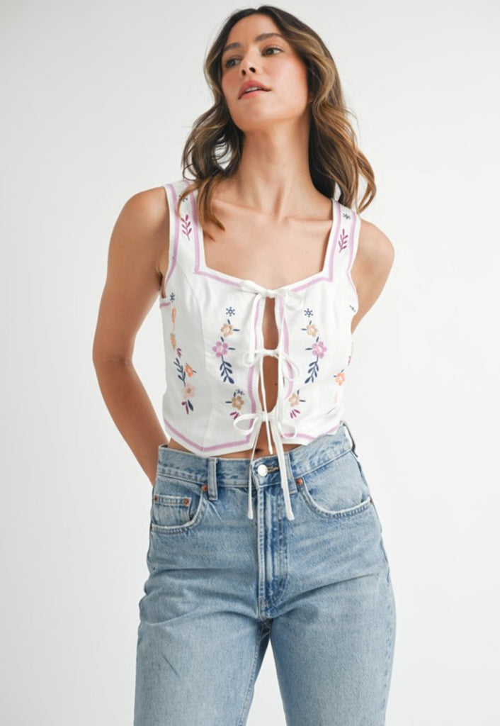 Embroidered Contrast Tie Top