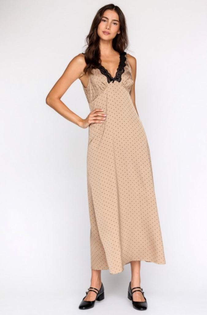 Polka Dot Lace Trim Midi Dress