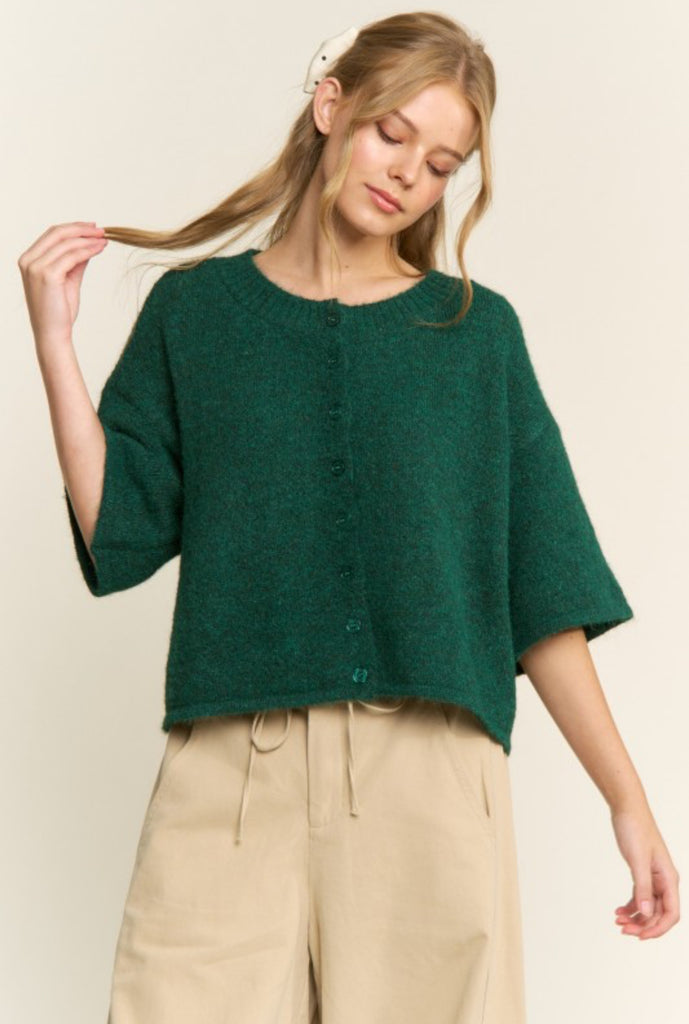 Quarter Sleeve Knit Cardigan - Hunter Green