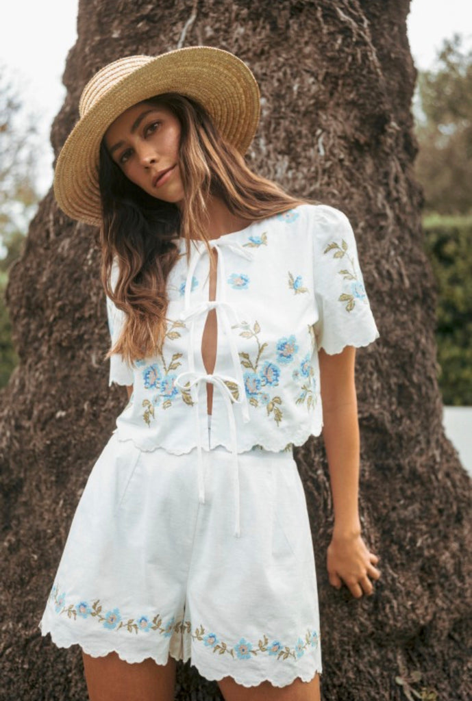 Floral Embroidered Front Tie Top And Shorts Set