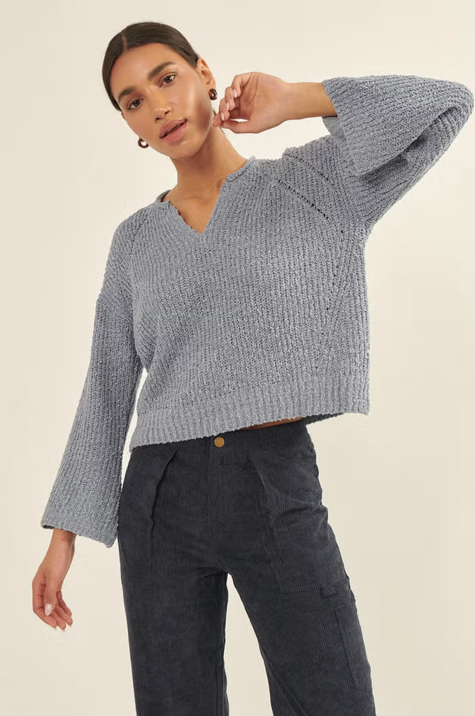 Textured Knit Split Neck Sweater