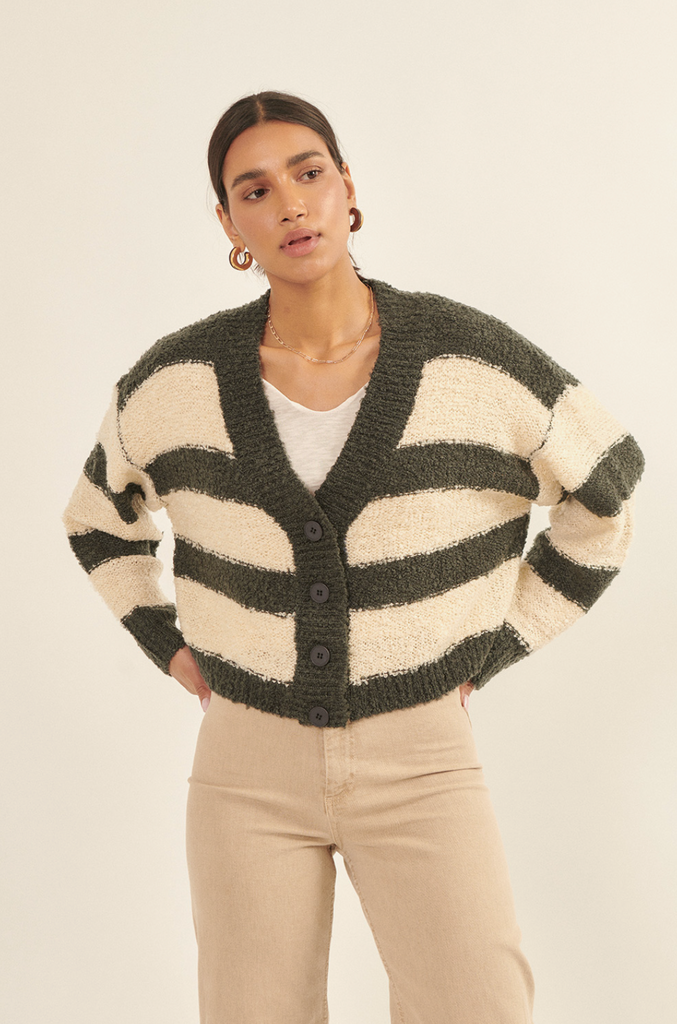 Textured Striped Knit Button-Front Cardigan