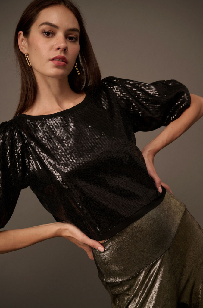 Sequined Puff Sleeve Woven Top