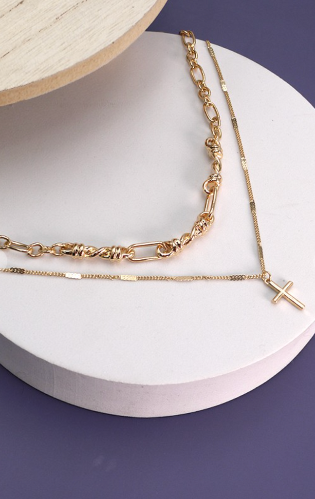 DOUBLE ROW CROSS LAYER NECKLACE