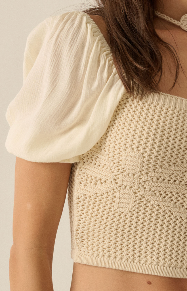 Bubble-Sleeve Cropped Crochet Knit Top