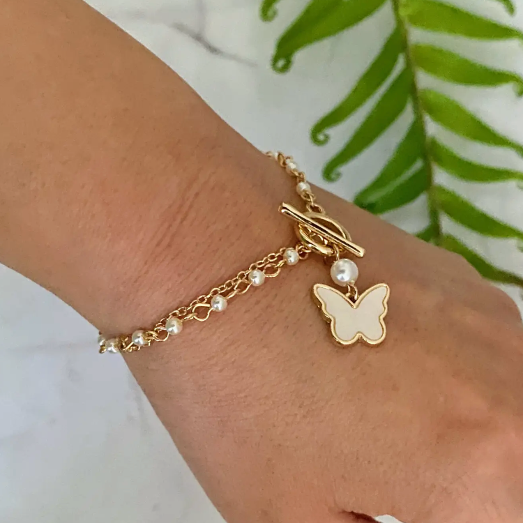 Layered Pearl Chain Butterfly Bracelet