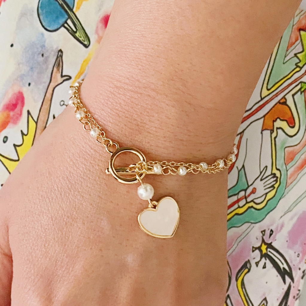 Layered Pearl Chain Heart Bracelet