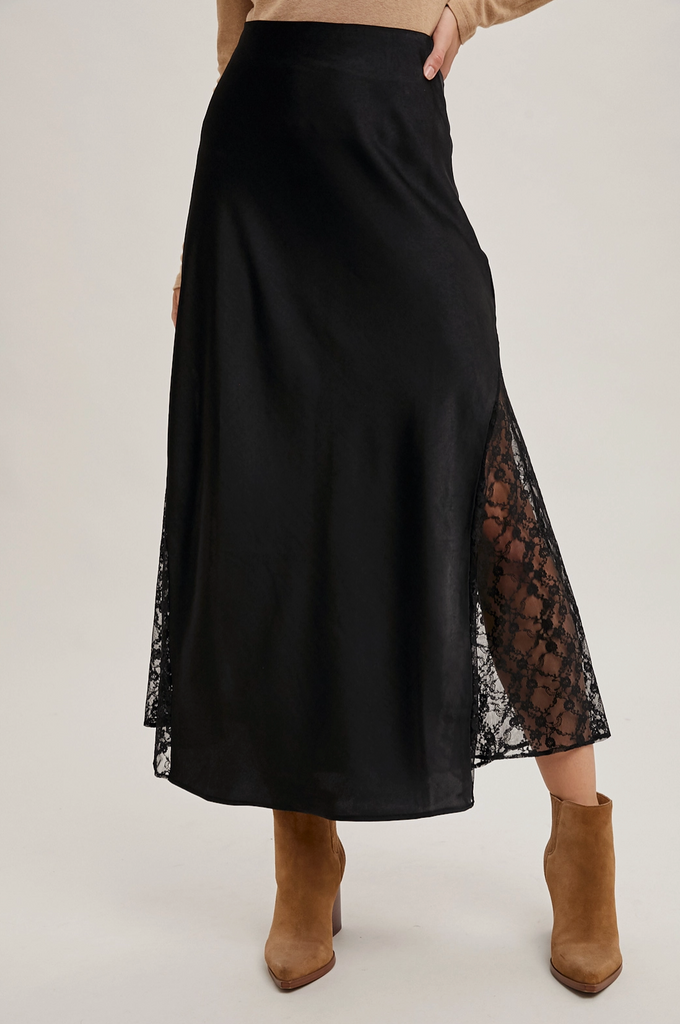 Lace Trimmed Satin Midi Skirt