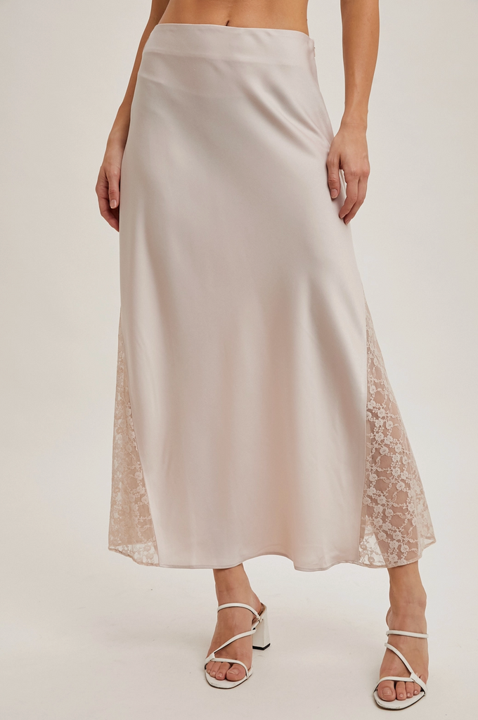 Lace Trimmed Satin Midi Skirt