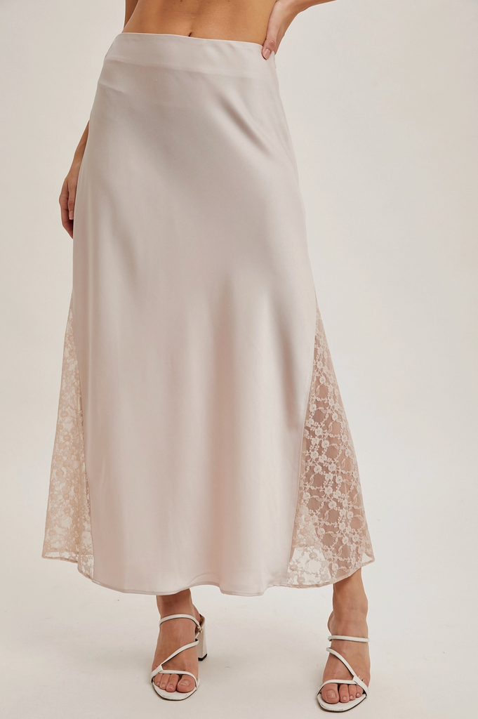 Lace Trimmed Satin Midi Skirt