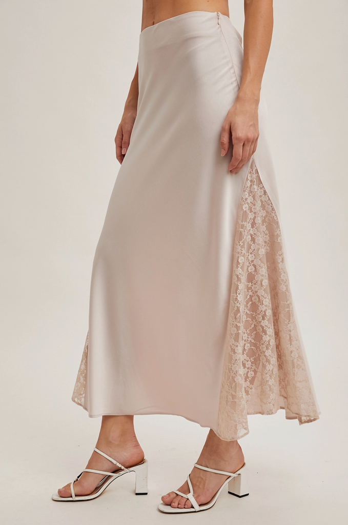 Lace Trimmed Satin Midi Skirt