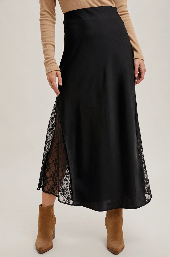 Lace Trimmed Satin Midi Skirt