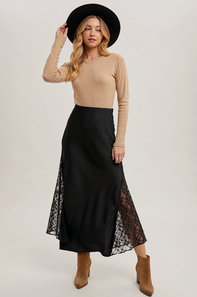 Lace Trimmed Satin Midi Skirt – Sophie May Boutique