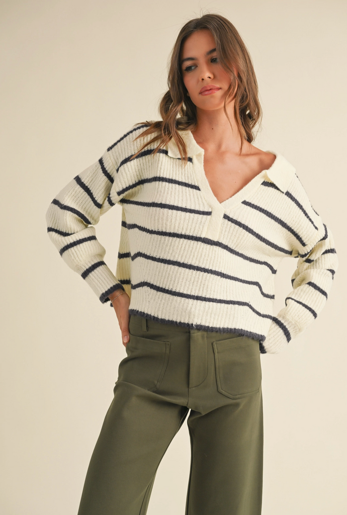 Striped Collared Sweater Top