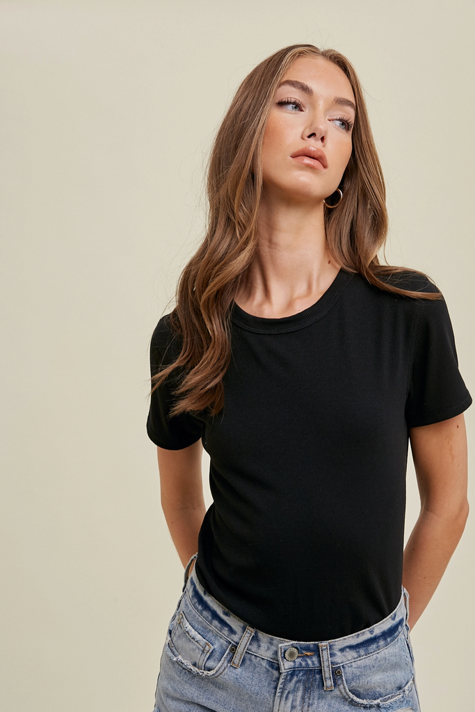 Ribbed Knit Basic T-Shirt