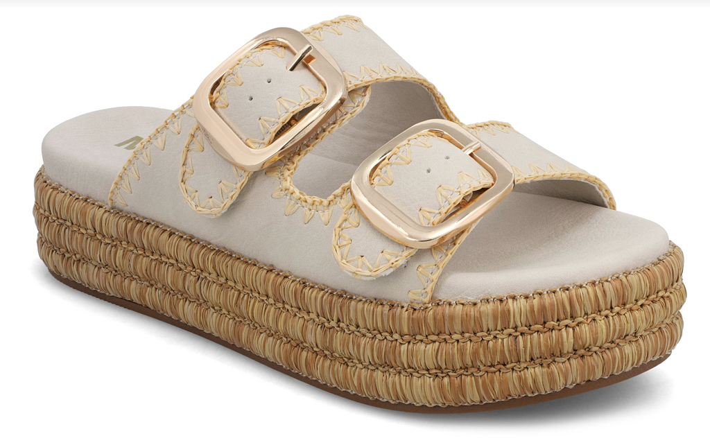 Mieko gold buckle sandals with raffia sole from Sophie May Boutique, ideal for summer fashion and boho-chic style.