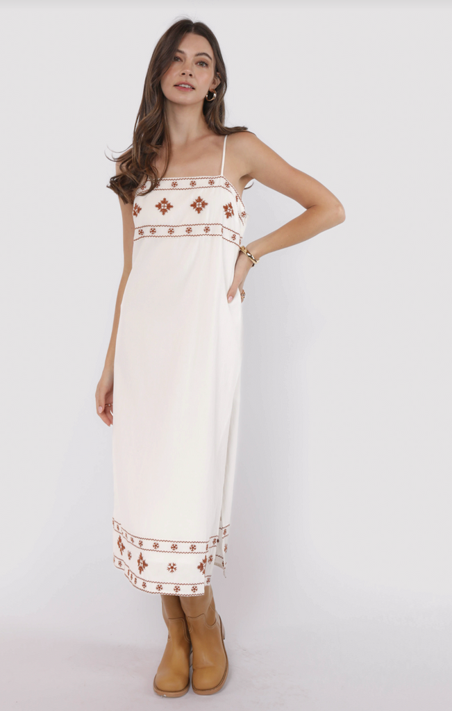 Warm Horizon Embroidered Midi Dress from Sophie May Boutique, featuring ivory fabric with rust embroidery, perfect for summer.
